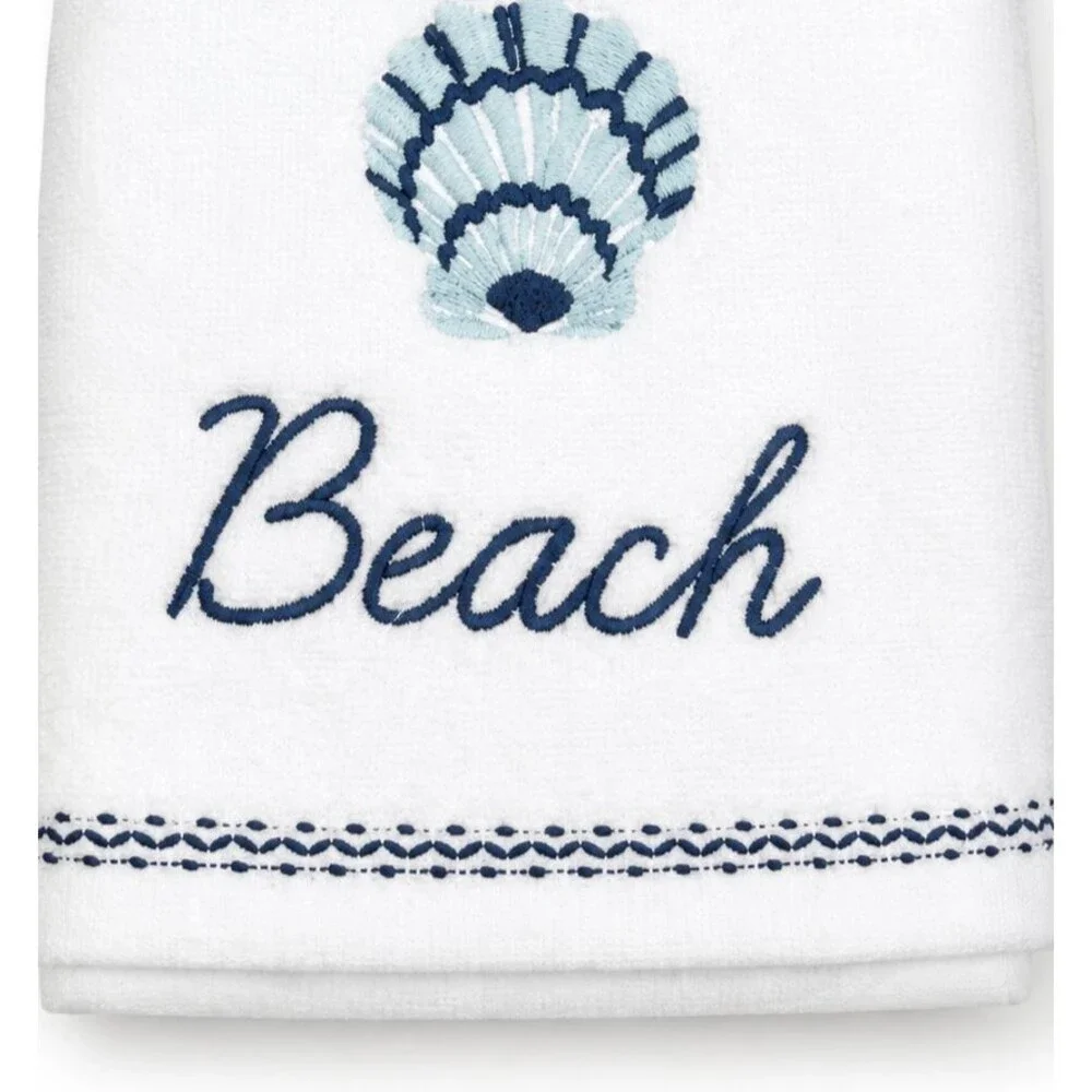 Scallop Shell Hand Towels Set of 2 White Embroidered 16x30 Beach Coastal Summer